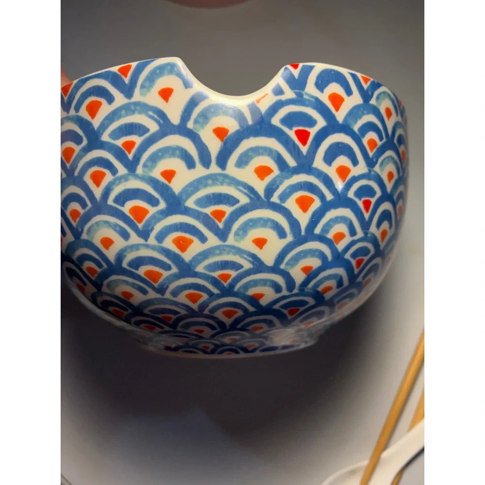 Ceramic Ramen Noodle Bowl Set Chopsticks Soup Spoon Blue Orange Japanese Style